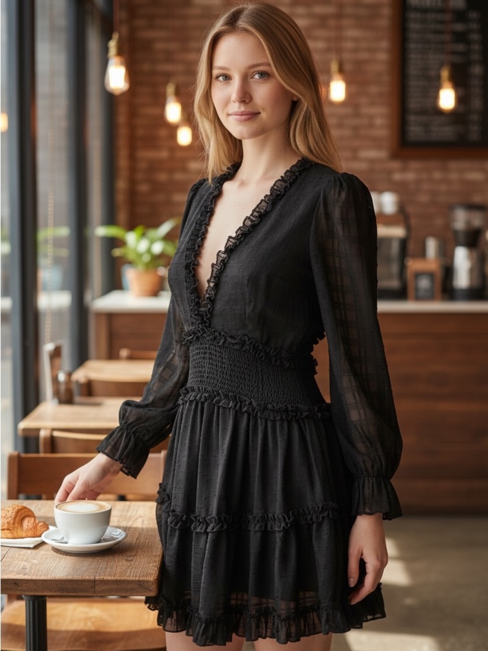 Smocked Waist Black Long Sleeve Ruffle Dress